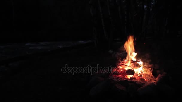 Kampvuur brandt fel avonds langs het mooie strand van rivier — Stockvideo
