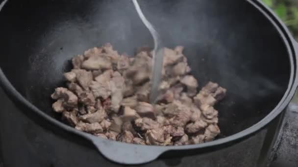 Cocción de pilaff con cordero y cebolla en un caldero en una estufa de leña — Vídeo de stock
