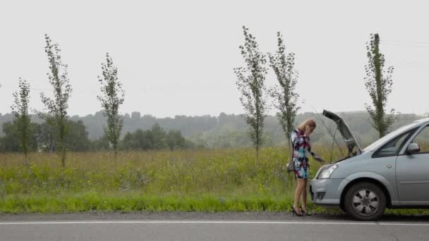 Hermosa chica llamando al teléfono celular cerca de su coche roto en una carretera rural — Vídeo de stock