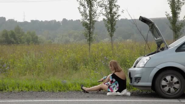 Hermosa chica sentada cerca de su coche roto en una carretera rural y llamando al teléfono celular — Vídeo de stock