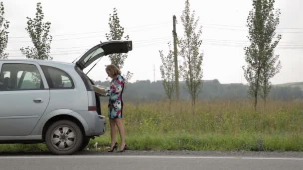 Szőke lány stending, közel a törött autó a nyitott törzs egy ország úton, és olvassa el az utasításokat — Stock videók