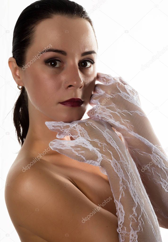 Nudel elegant girl with white lace gloves. Vintage style