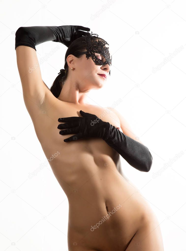 Nudel elegant girl with black gloves and lace mask. Vintage style