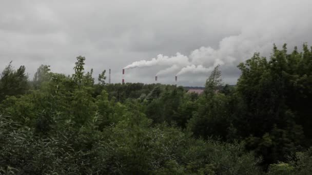 Забруднення природи, зелене поле і дим від промислових труб — стокове відео