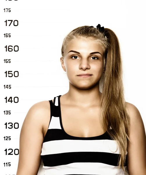 Young beautiful blonde woman Criminal Mug Shots — Stock Photo, Image