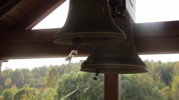 Campanas de la iglesia, un montón de campanas en una capilla — Vídeo de stock