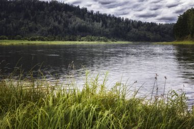 nehir, dağ ve orman bir kıyısında manzara. Fırtına bulutları Nehri ile gökyüzü