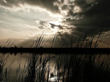 Göl, thunderclouds ve çim bir kıyısında günbatımı