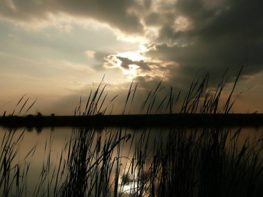 Göl, thunderclouds ve çim bir kıyısında günbatımı