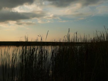 Göl, thunderclouds ve çim bir kıyısında günbatımı