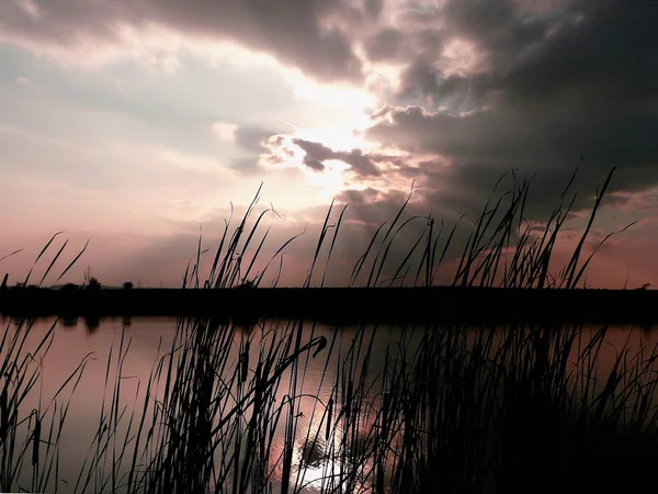 Göl, thunderclouds ve çim bir kıyısında günbatımı
