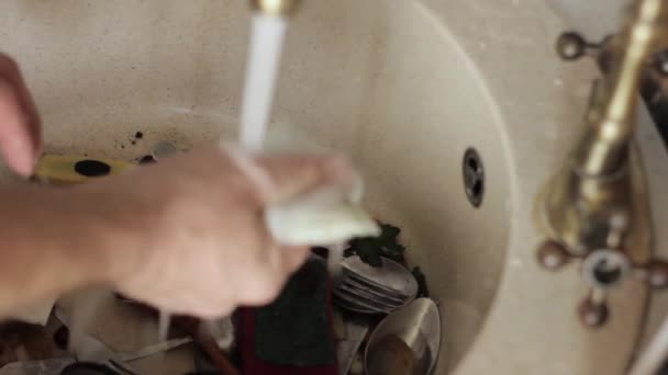 Primer plano mans manos lava una vajilla, chorro de agua enjuaga las placas de espuma y detergente — Vídeo de stock