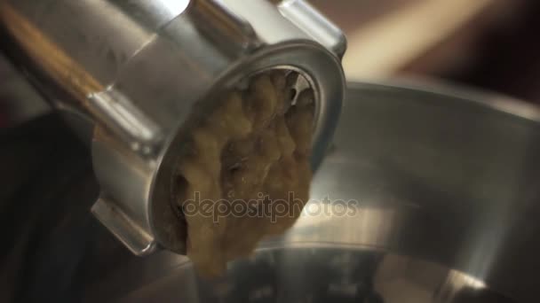 Squeezing apple with apple press for applesauce in small family production — Stock Video