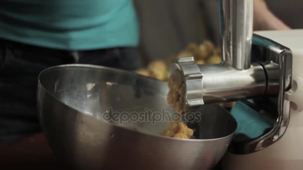 Squeezing apple with apple press for applesauce in small family production — Stock Video