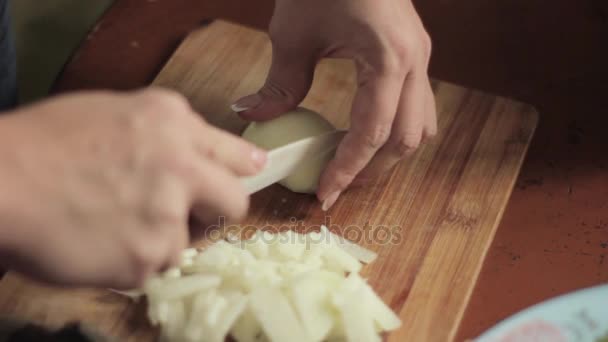 Donna taglia cipolle su una tavola di legno — Video Stock