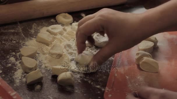 Равіолі інгредієнти, приготувати домашню варену пельмені на столі, розмазаний — стокове відео