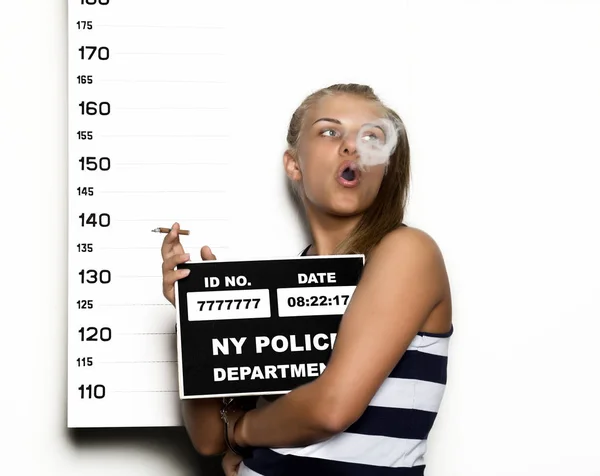 Young beautiful blonde woman with sigarette, Criminal Mug Shots — Stock Photo, Image