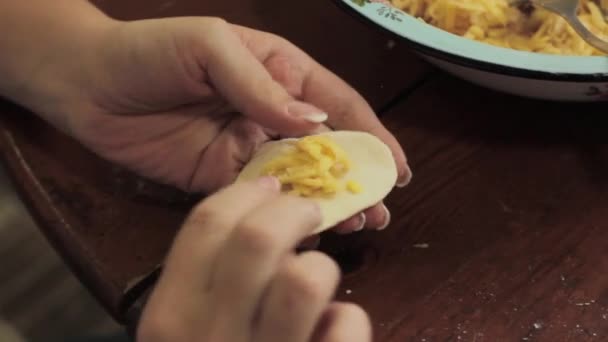 Ingrédients raviolis, préparer des boulettes maison sur la table, fariné — Video