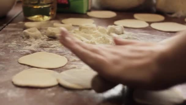 Равіолі інгредієнти, приготувати домашню варену пельмені на столі, розмазаний — стокове відео