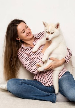 Mutlu güzel kadın kucaklama köpek yavrusu husky. Onu bir kanepe ve köpek yavrusu üzerinde oturan kızı yalıyor