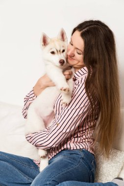 Mutlu güzel kadın kucaklama köpek yavrusu husky. bir köpek ile bir kanepede oturan kız