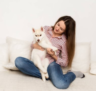 Onu evde beslenen hayvan ile bir kanepede oturan mutlu güzel kadın. Kız sarılma köpek yavrusu husky