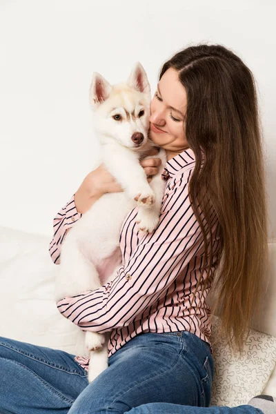행복 한 아름 다운 여자 포옹 강아지 허스키입니다. 강아지와 함께 소파에 앉아 소녀 — 스톡 사진
