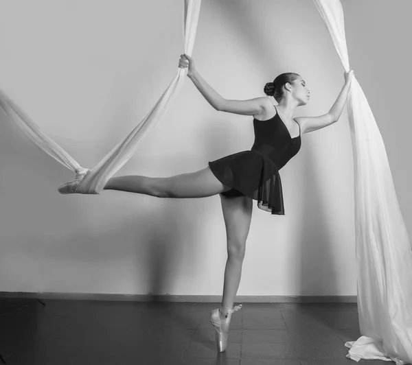 Młody baletnicy w satyna Baletki pozowanie z wstążki satynowe. czarno-białe — Zdjęcie stockowe