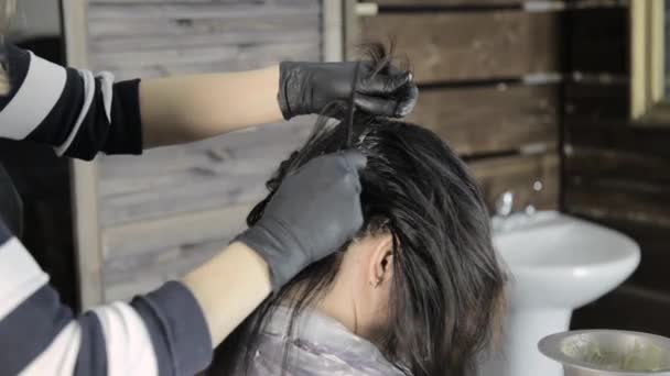 Cabeleireiro fazendo coloração de cabelo em um salão de beleza. beleza, penteado e conceito de pessoas — Vídeo de Stock