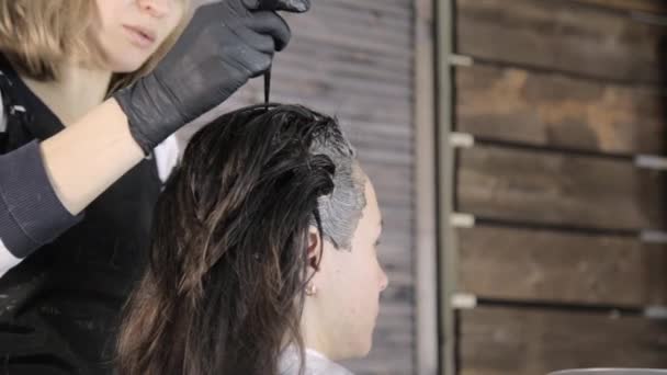 Parrucchiere rendendo la colorazione dei capelli in un salone di bellezza. bellezza, acconciatura e concetto di persone — Video Stock