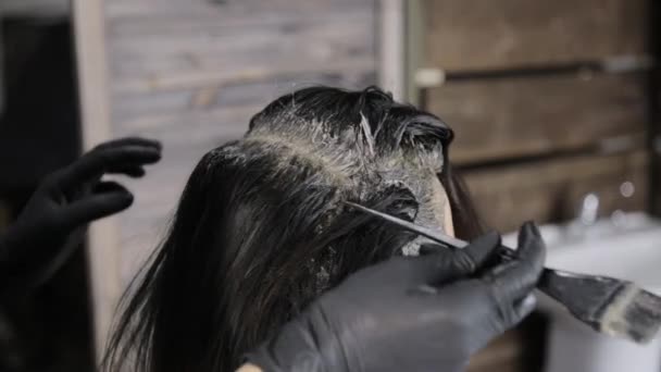 Парикмахер, раскрашивающий волосы в салоне красоты. красота, прическа и концепция людей — стоковое видео