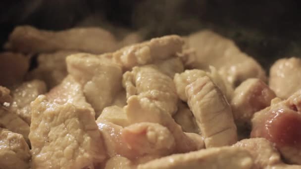 在家庭厨房的煎锅里煎肉 — 图库视频影像