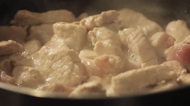 Freír la carne en una sartén en una cocina casera — Vídeos de Stock