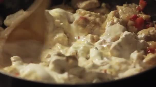 野菜と肉を炒める家庭の台所の鍋 — ストック動画