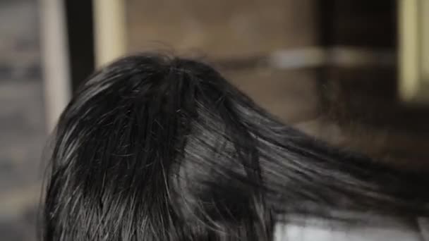 Стилист делает укладку волос для красивой клиентки и использованный фен для волос с расческой — стоковое видео