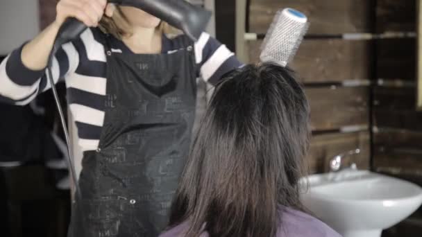 Professionell frisör gör hårstyling för vackra kvinnliga klient och används hårtork med kam — Stockvideo