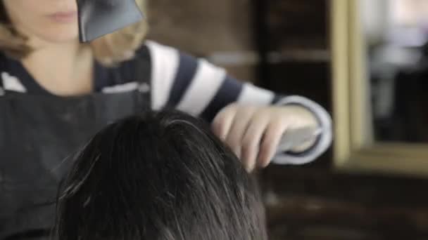 Професійний перукар робить укладання волосся для красивого жіночого клієнта і використовується фен з гребінцем — стокове відео