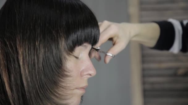 Coupe de cheveux pour une jeune cliente de salon de beauté — Video