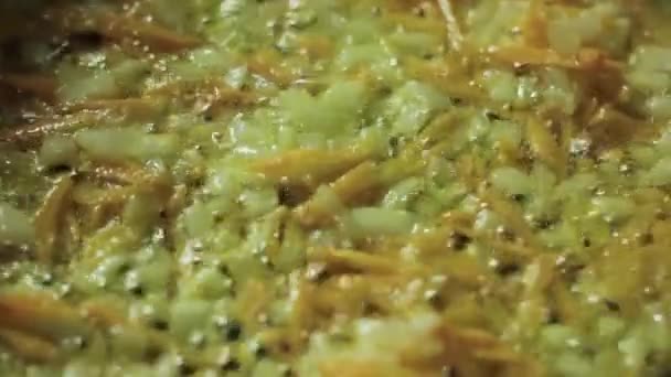 Мелко нарезанный лук жареный в сковороде с овощами — стоковое видео