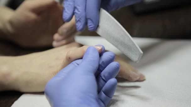 Een manicure doet manicure aan client in een salon van de schoonheid. Close-up nagel indiening — Stockvideo