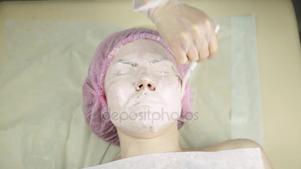 Esteticista aplicando máscara facial no rosto de uma mulher, limpando o tratamento da pele — Vídeo de Stock