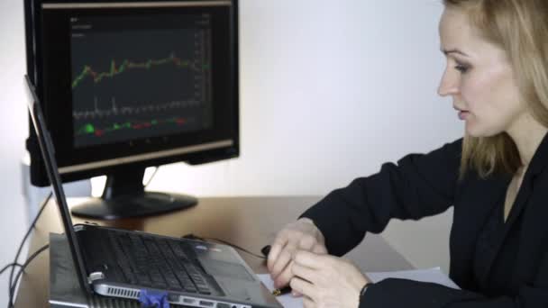 Trabaja en una bolsa de valores. Mujer de negocios viendo los cambios en el gráfico de cambio de divisas — Vídeo de stock