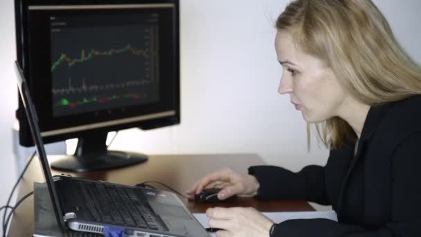 Commerciante femminile che lavora sul computer portatile in ufficio. Lavora in una borsa valori criptata. grafico di cambio valuta al monitor del computer — Video Stock