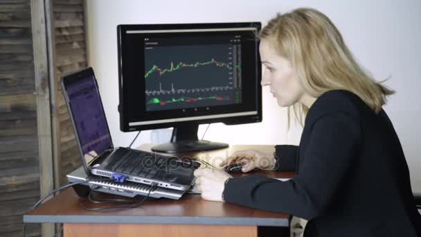 Ženské obchodník pracuje na přenosný počítač v kanceláři. Práce na šifrovací akciové burze. měna Výměna graf na monitor počítače — Stock video