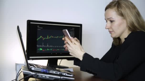 A senhora de negócios aconselha o cliente em um telefone e observando o gráfico de câmbio no monitor de computador. Trabalho em uma bolsa de valores de criptografia — Vídeo de Stock