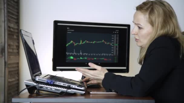 Сумна жінка-торговець дивиться графік обміну валют і засмучена. невдачі в торгових операціях на фондовій біржі — стокове відео