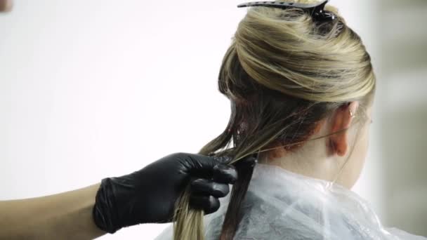 Стилист раскрашивает волосы на женские волосы в студии красоты — стоковое видео