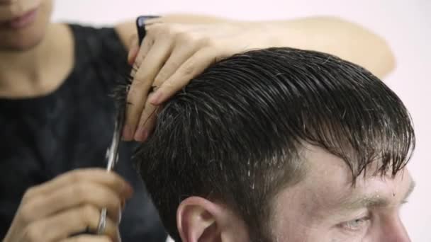 Corte de cabelo dos homens na barbearia. Cabeleireiro fêmea moldar os homens cabelo — Vídeo de Stock