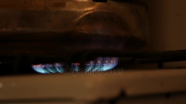 Llamas anaranjadas y azules de una estufa de gas en la oscuridad — Vídeo de stock