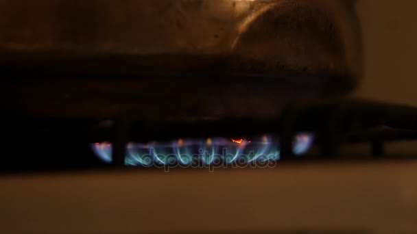 Flammes orange et bleu d'un poêle à gaz dans l'obscurité — Video
